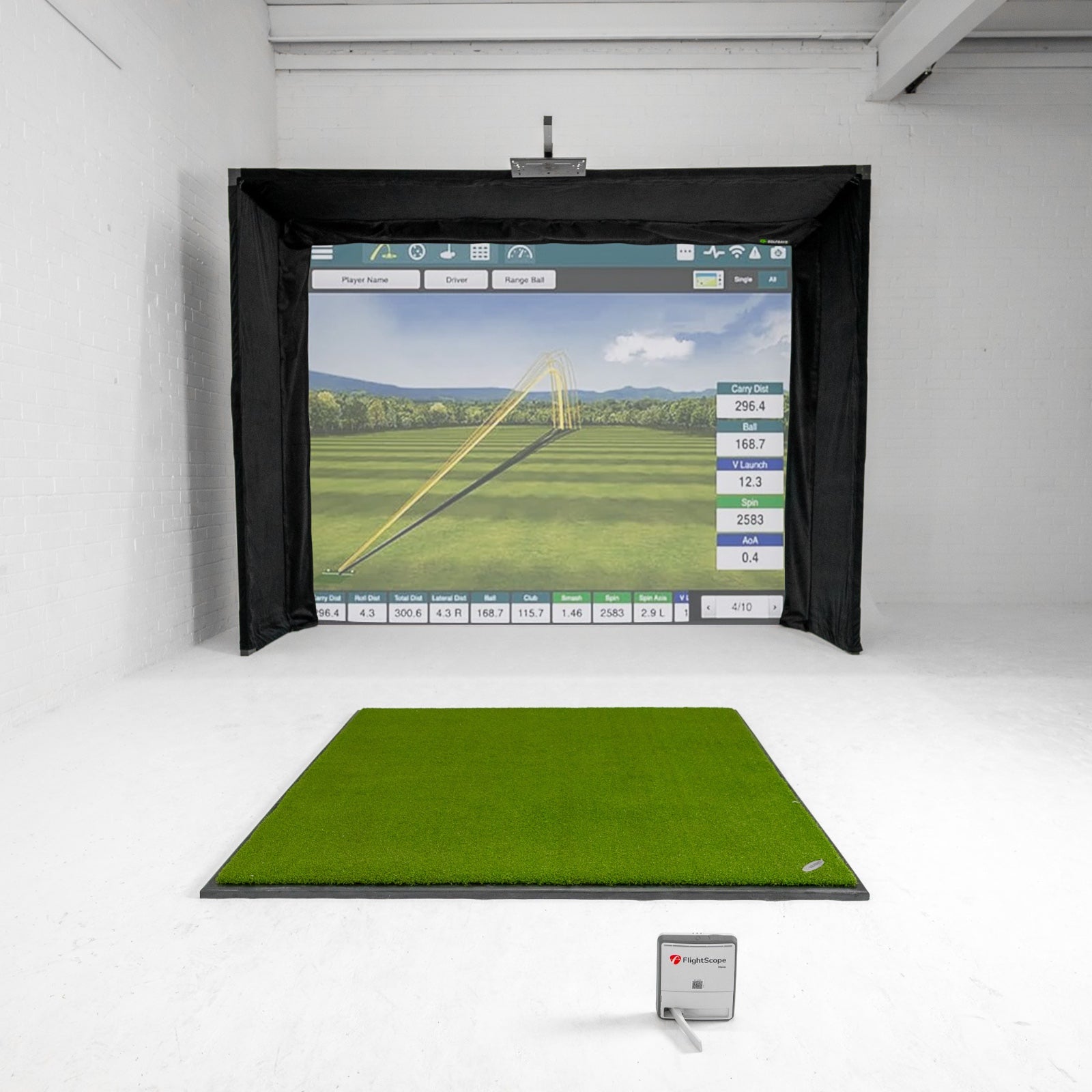 Flightscope Mevo + 2024 útgáfa GolfBays Lux heimagolfhermir